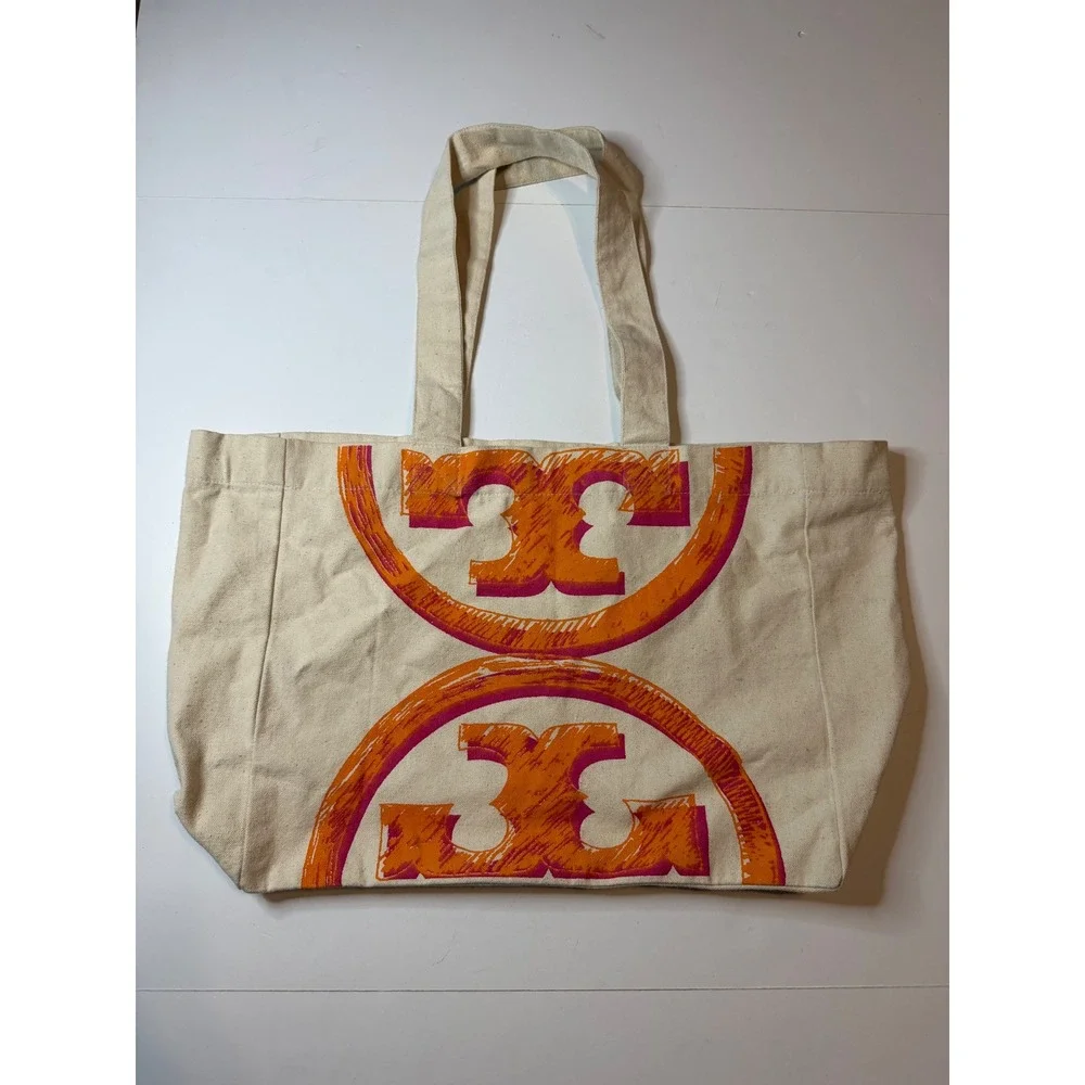 Tory Burch Canvas Tote Bag Cream Orange Oversized Logo Shopper Beach Bag